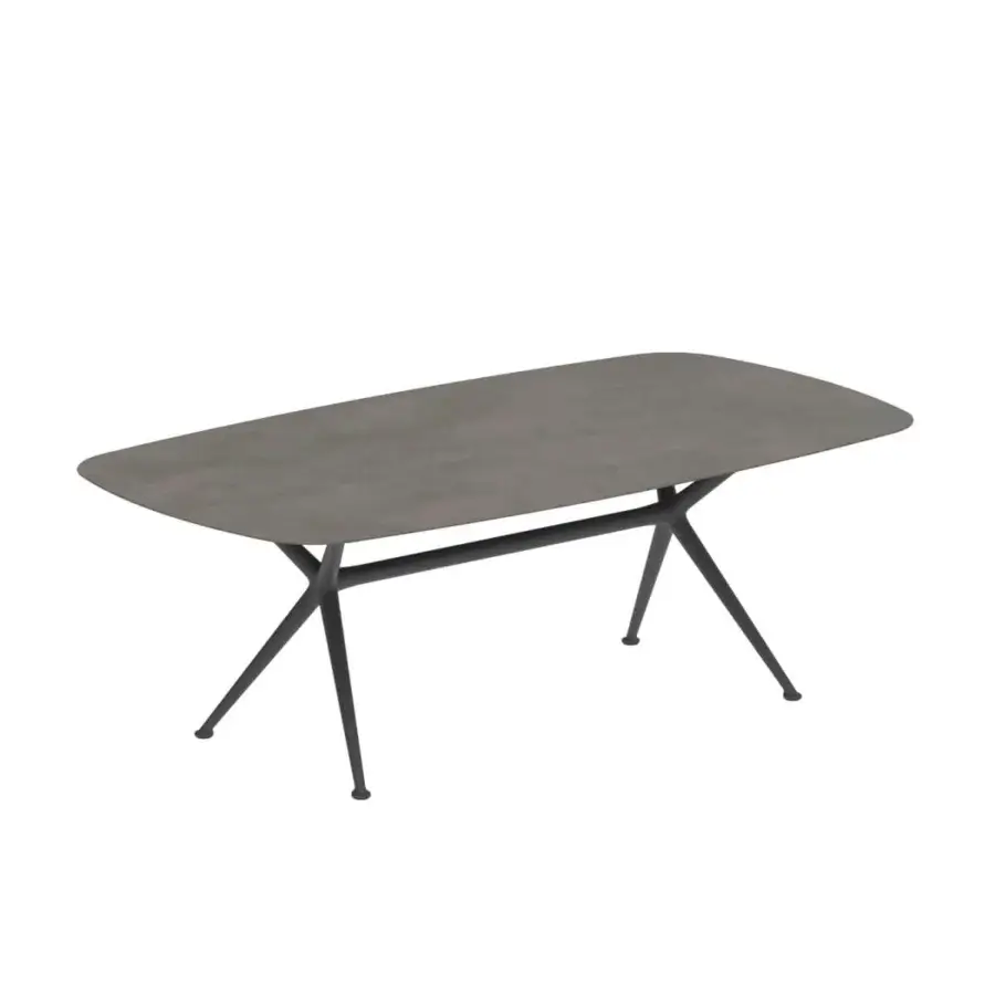 Refined Royal Botania Exes table with light gray ceramic tabletop and sleek black coated aluminum base crafted in a contemporary X-shape