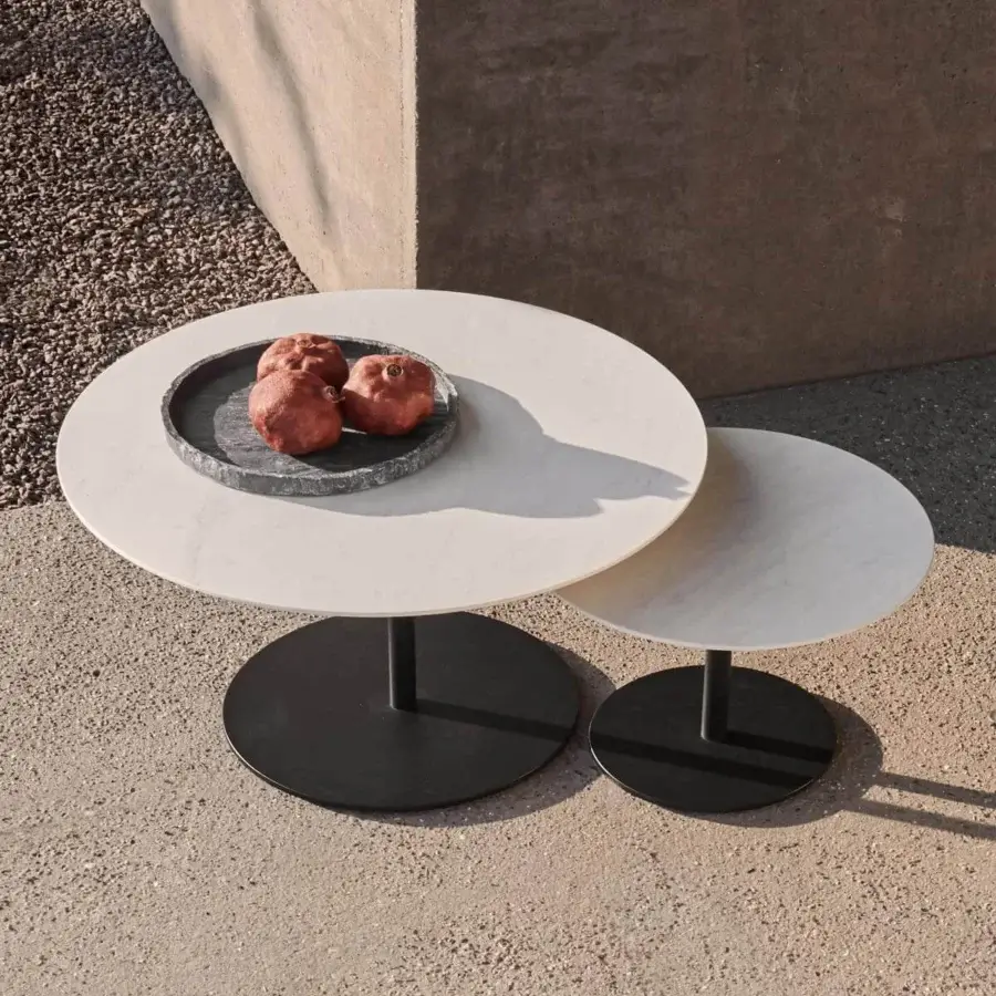 Distinguished Royal Botania Butler side table with enameled lava stone top and dark matte coated stainless steel base