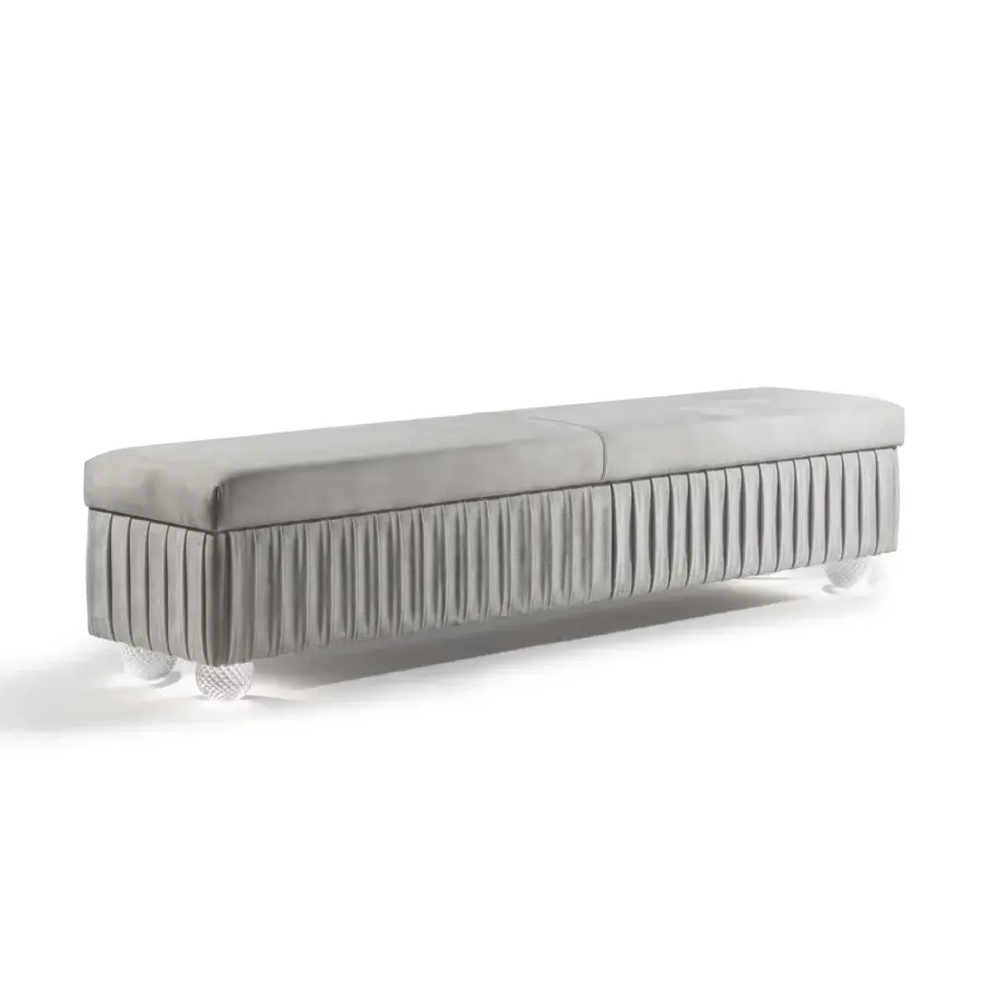 Exquisite Reflex Plissé bench with light gray pleated fabric and uniquely textured clear Murano glass sphere-feet crafted in Italy
