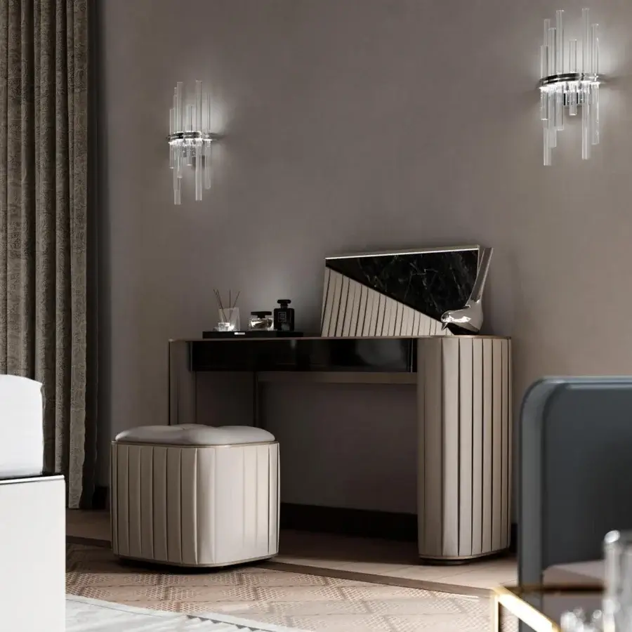 Superior Reflex Plissé ottoman upholstered in light beige pleated fabric with satin brass finish