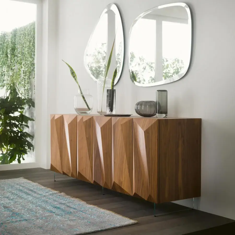 Exceptional Reflex Quartz sideboard crafted in Canaletto Walnut with transparent glass legs and uniquely faceted cabinet doors