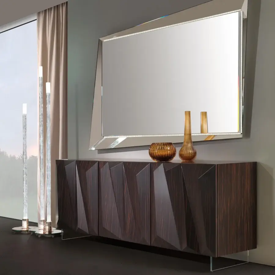 Superior Reflex Quartz sideboard built in dark-toned Canaletto Walnut with transparent glass legs and textured door panels