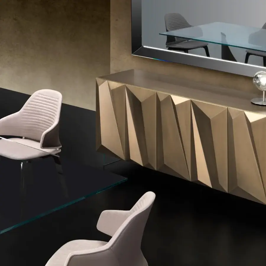 Distinguished Reflex Quartz sideboard with a geometric facade and transparent glass base in metallic lacquered bronze tones