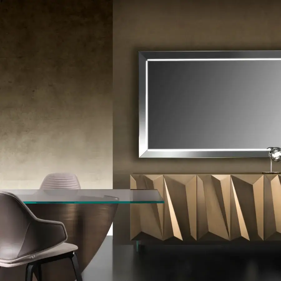 Exclusive Reflex Quartz sideboard crafted with three doors and internal glass shelves in golden-brown matt lacquered finish with transparent glass legs