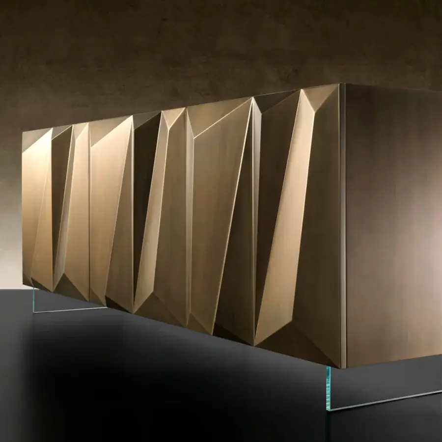 Superior Reflex Quartz sideboard exhibits a geometric facade with three doors and transparent glass legs in metallic lacquered bronze