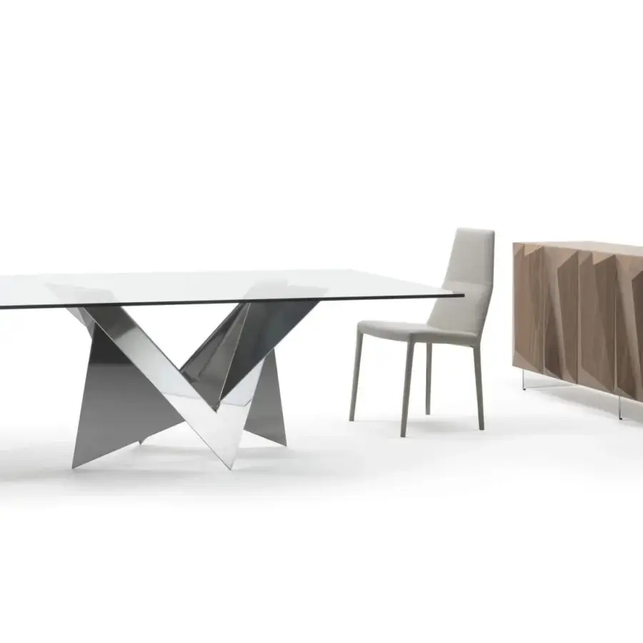 Elegant Reflex Quartz sideboard crafted with three doors, internal glass shelves and a matte Canaletto Walnut surface with transparent glass legs