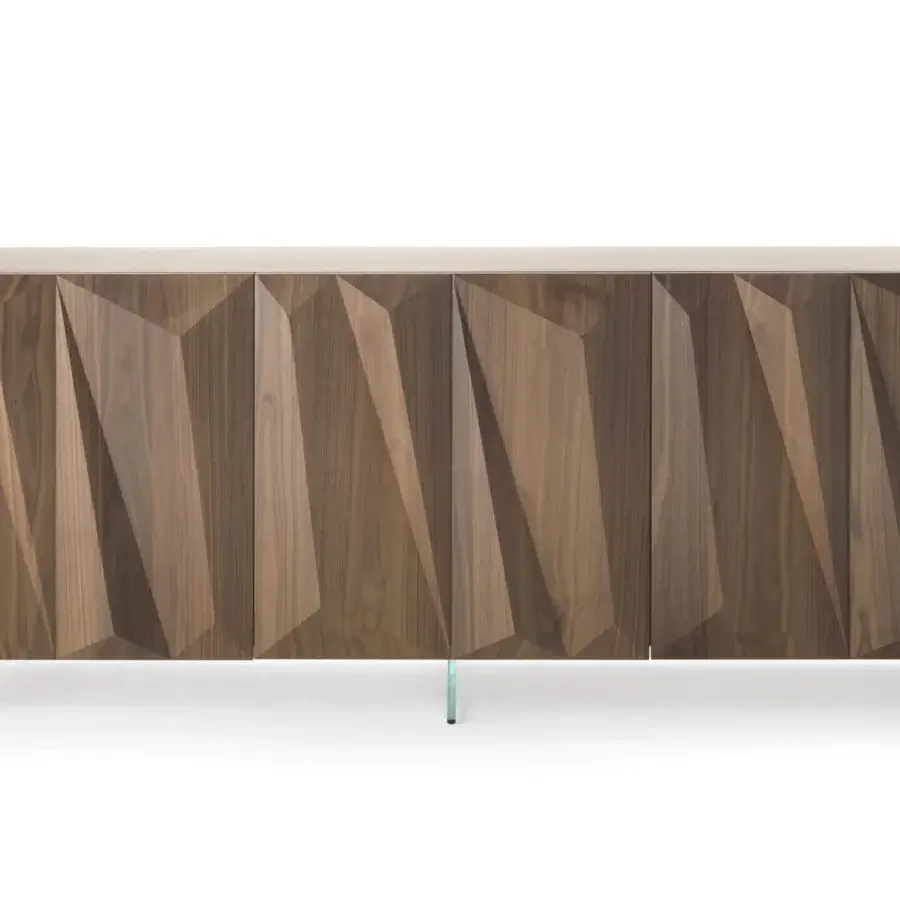 Distinguished Reflex Quartz sideboard with three doors in Canaletto Walnut and transparent glass legs