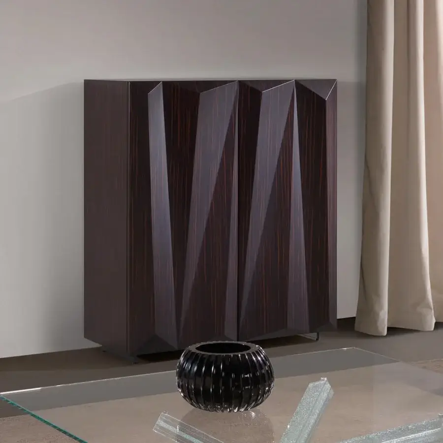 Exceptional Reflex Quartz cupboard with geometric Canaletto Walnut and raised three-dimensional detail built with dark legs and glass shelving