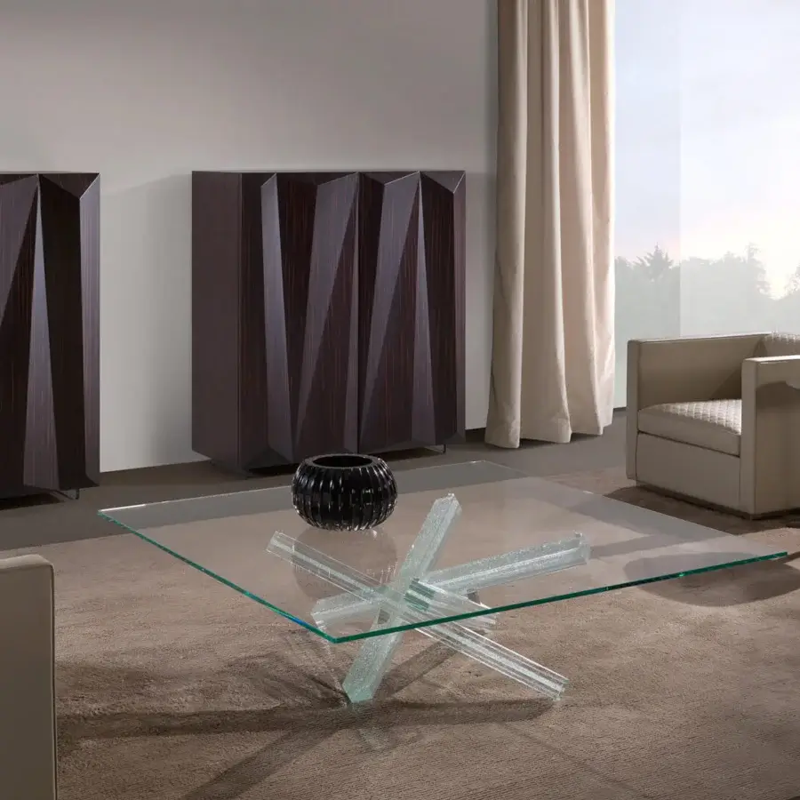 Superior Reflex Quartz cupboard with dark brown geometric designs in Canaletto Walnut and transparent glass legs