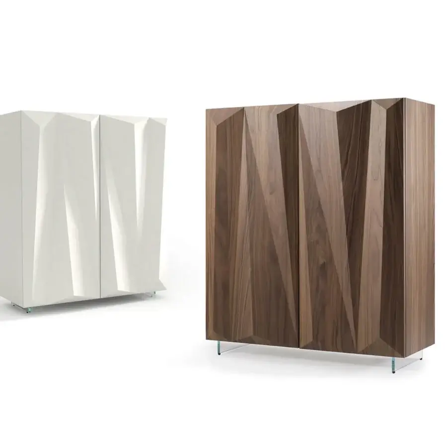 Elegant Reflex Quartz cupboard with a refined wood finish and geometric designs supported by transparent glass legs