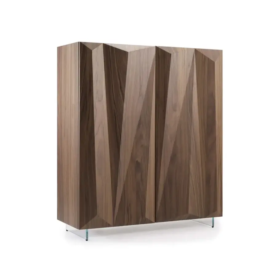 Distinguished Reflex Quartz cupboard with medium-brown wood and angular geometric embellishments built upon transparent glass legs