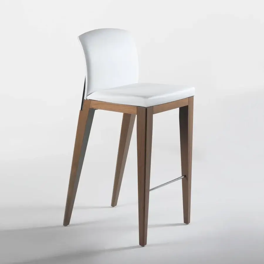 Elegant Reflex Sit stool with white synthetic upholstery, lacquered brown wood legs and silver-toned metal footrest