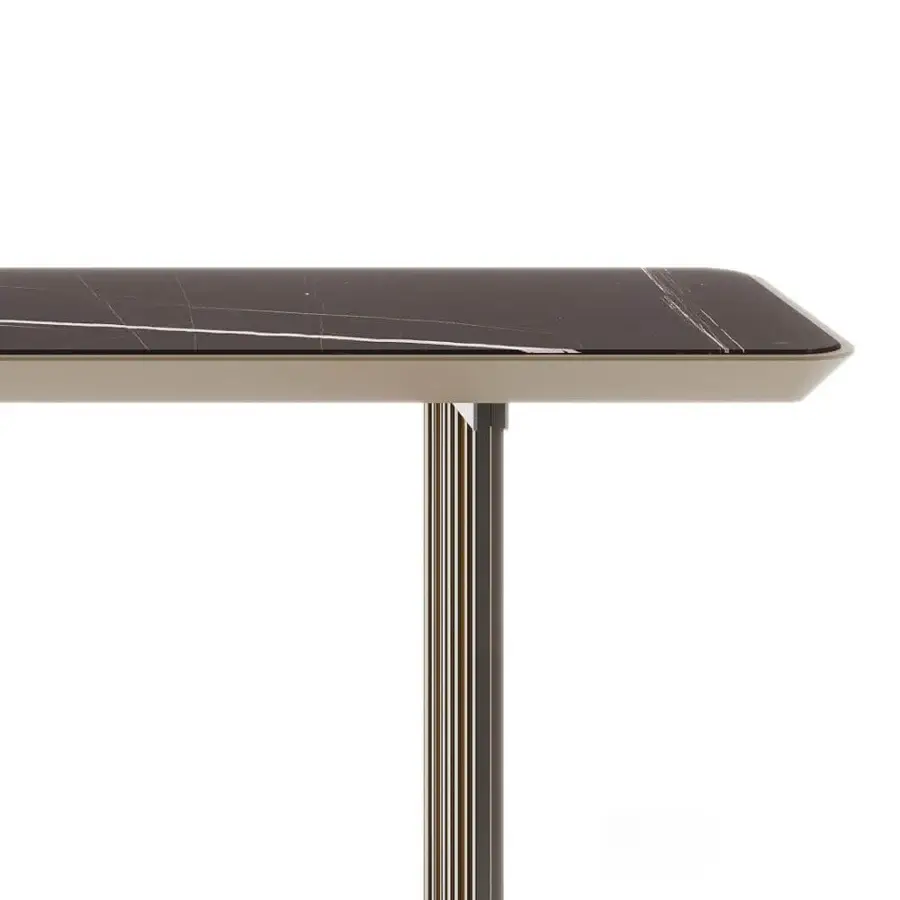 Harmonious Reflex Monolite console crafted with marble glass and bronze lacquered wood, presenting a beveled top with light veining