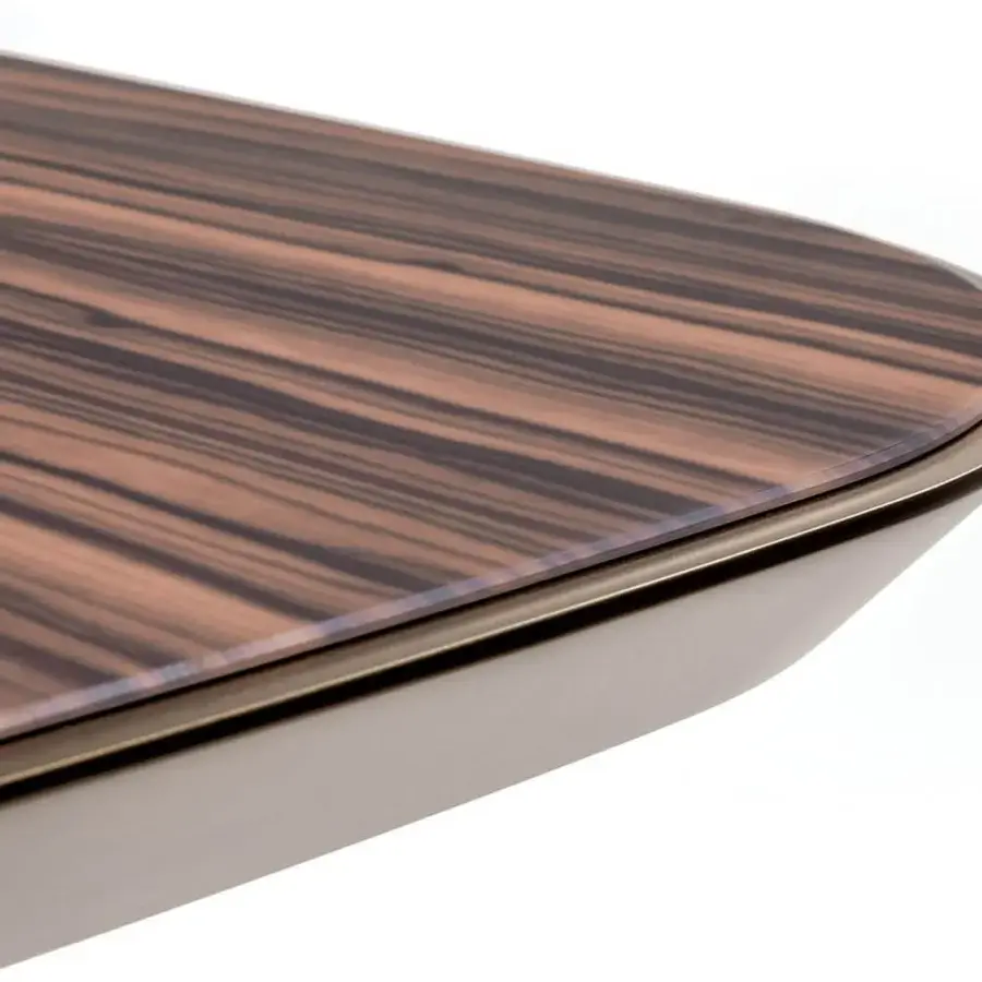 Stylish Reflex Monolite console with beveled solid wood and differing glass planes in a glossy finish