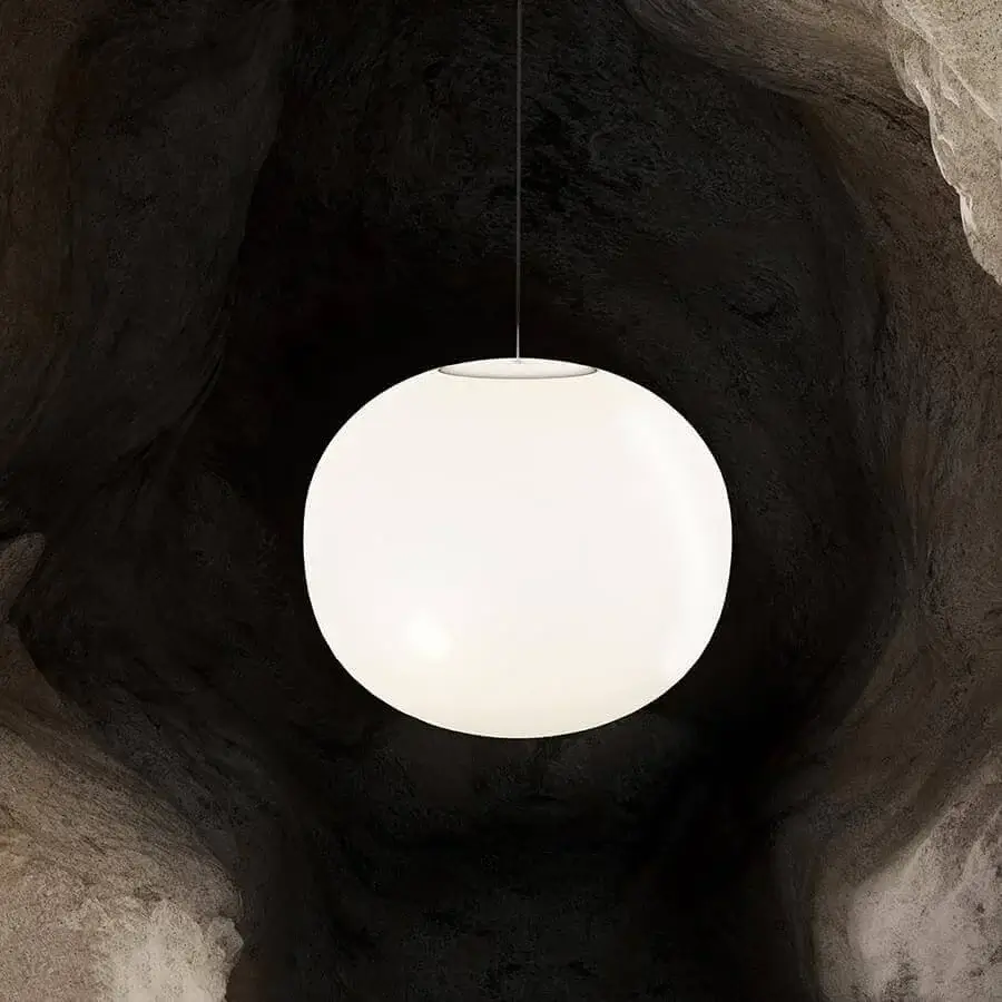 Exceptional Lodes Volum suspension lamp with spherical white blown glass diffuser and delicate cable