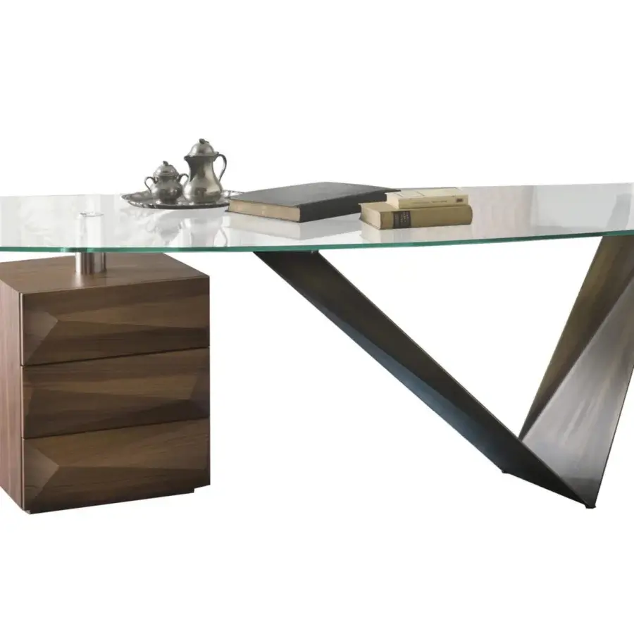 Distinguished Reflex Prisma Steel desk with transparent tempered glass and a bronze metal base built with Canaletto Walnut featuring shaped fronts