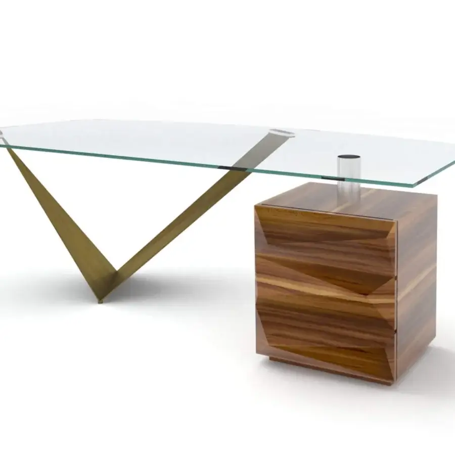 Exceptional Reflex Prisma Steel desk with shaped transparent glass and a swiveling Canaletto Walnut chest in bronze finish