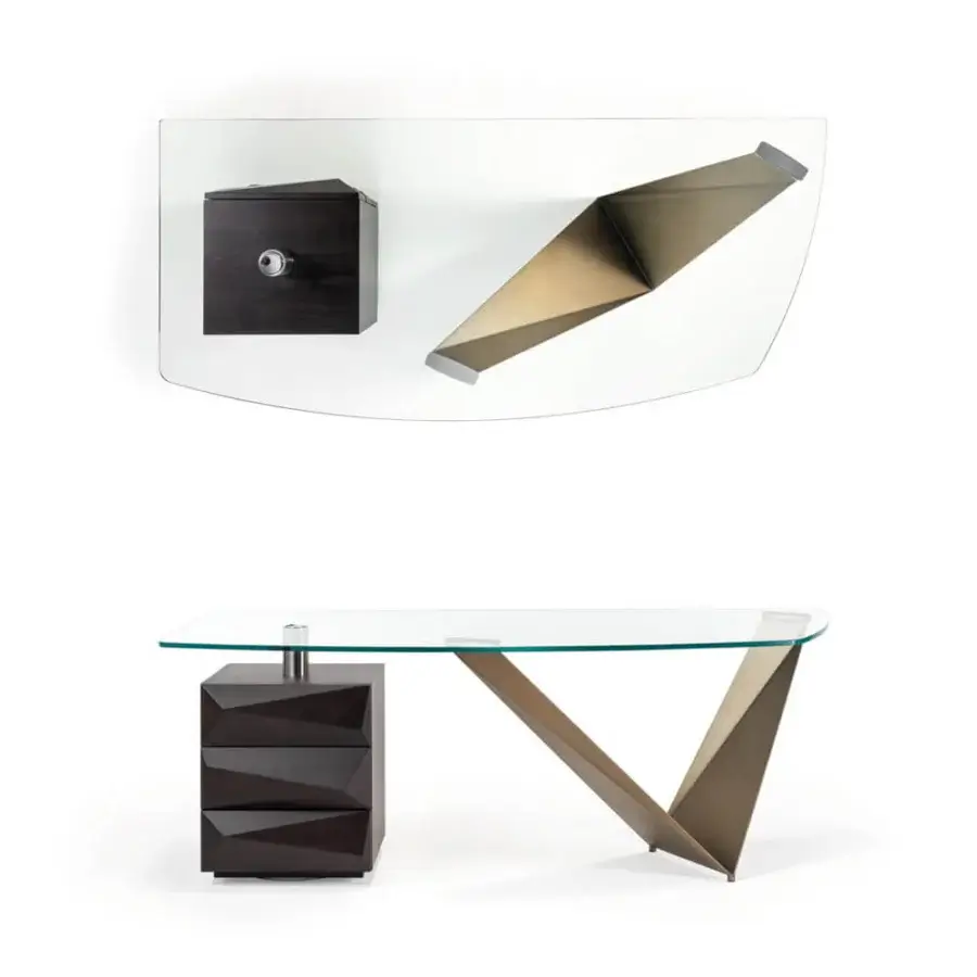 Elegant Reflex Prisma Steel desk with transparent tempered glass, a bronze metal base, and a dark-stained wood swiveling chest