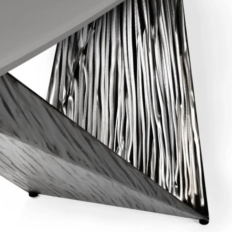 Superior Reflex Prisma Steel console with sleek textured silver metal base and transparent glass top