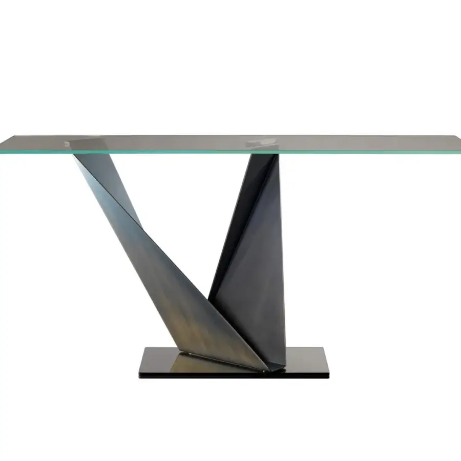 Elegant Reflex Prisma Steel console with transparent glass top and gradient dark metal base built with bronze mirrored plate