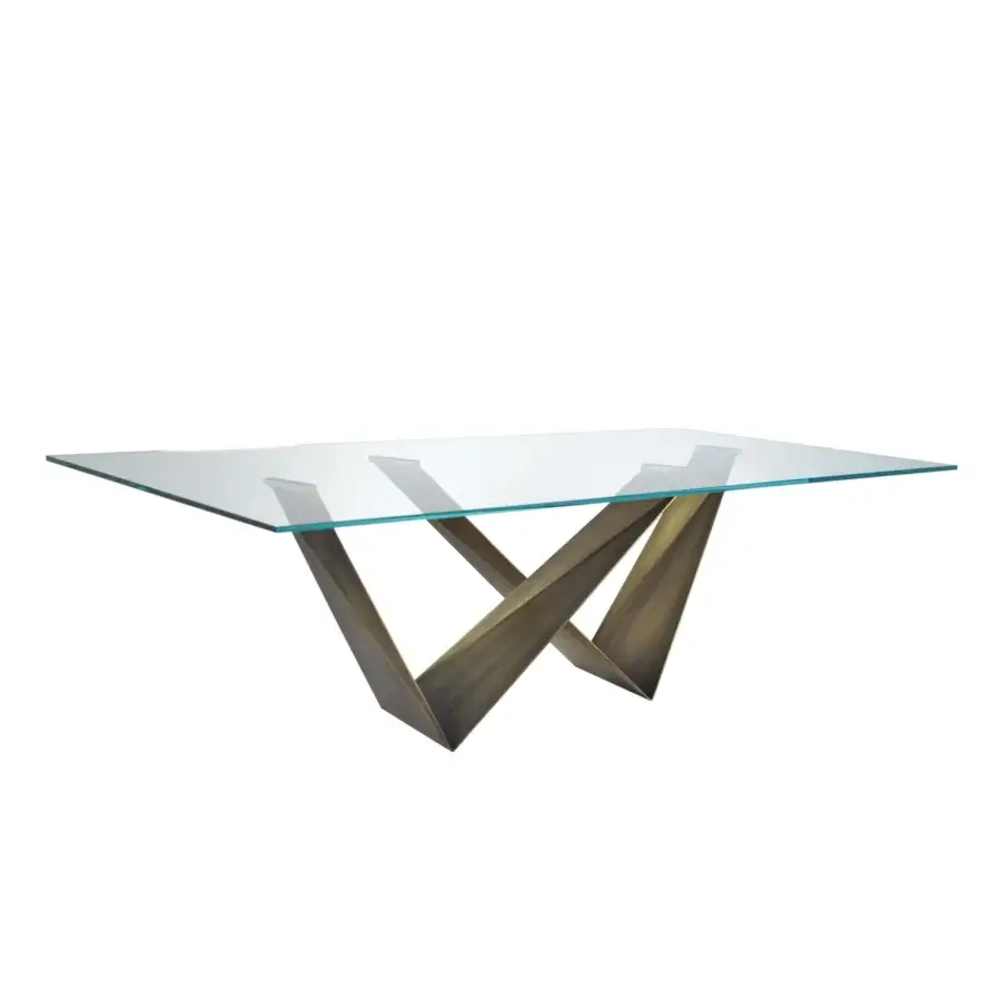 Distinguished Reflex Prisma Steel table with rectangular transparent glass top and interlocking bronze matte metal base