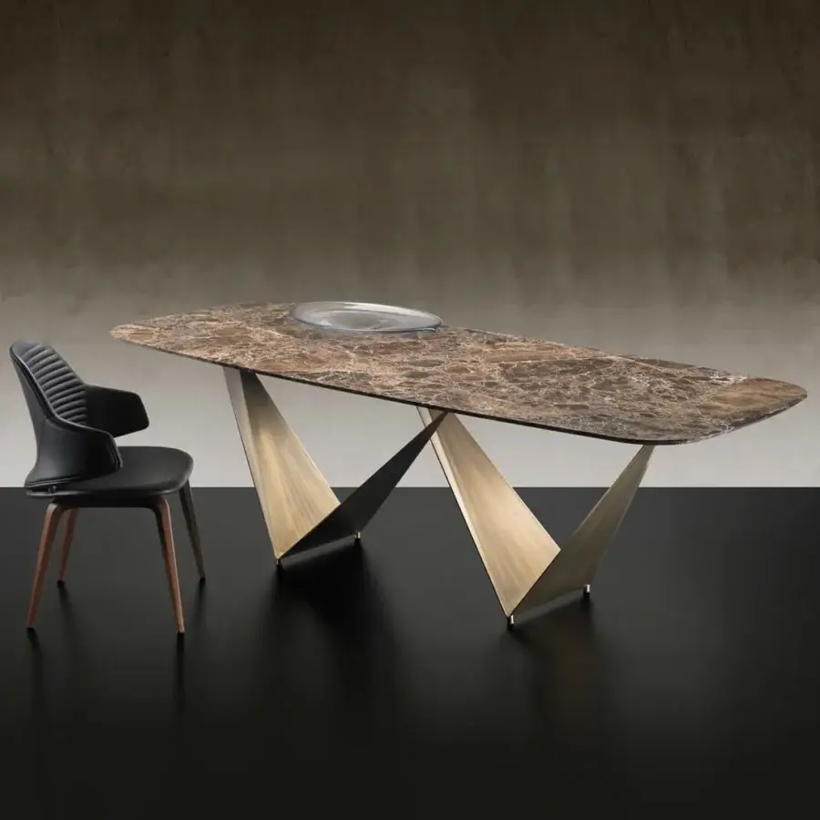 Exceptional Reflex Prisma Steel table with rectangular Marmoreflex top and satin brass finished metal base
