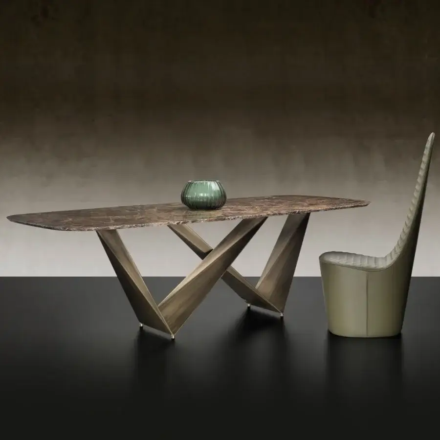 Sophisticated Reflex Prisma Steel table with rectangular Marmoreflex top and interconnected satin bronze metal base