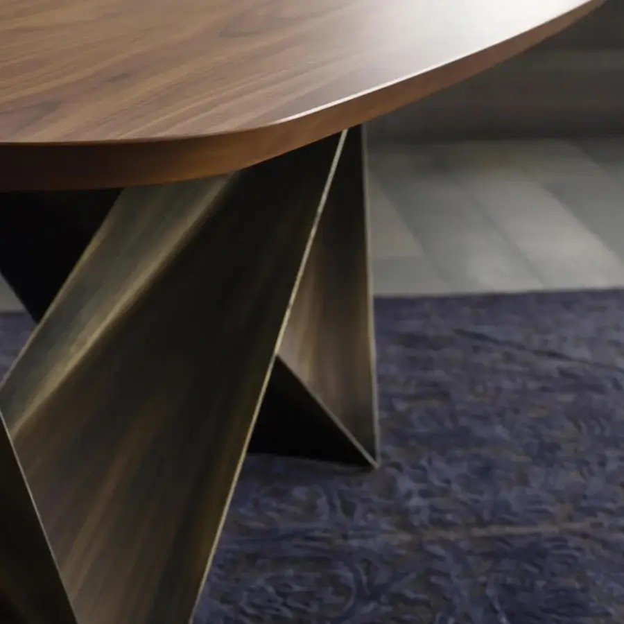 Distinguished Reflex Prisma Steel table with Canaletto Walnut top and satin dark brass geometric base
