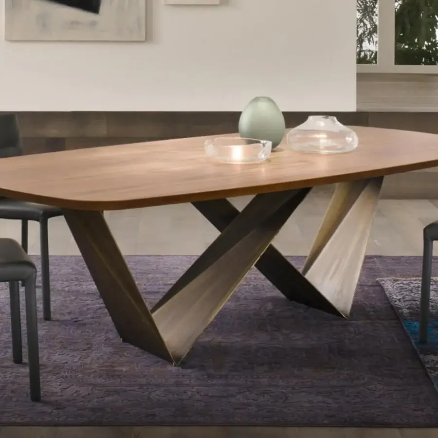 Elegant Reflex Prisma Steel table with Canaletto Walnut top and satin bronze V-shaped metal base crafted with a smooth matte finish