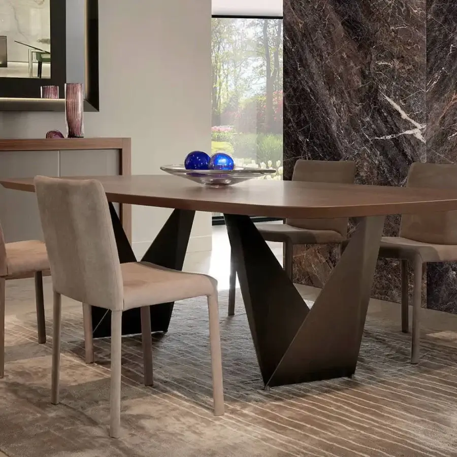 Superior Reflex Prisma Steel table with Canaletto Walnut top and geometrically shaped dark metal pedestal bases