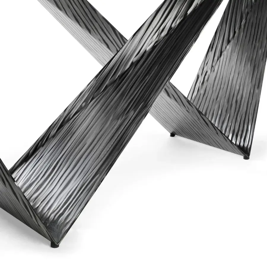 Distinguished Reflex Prisma Steel table with intersecting metal elements in satin dark brass finish and dark gray sheen