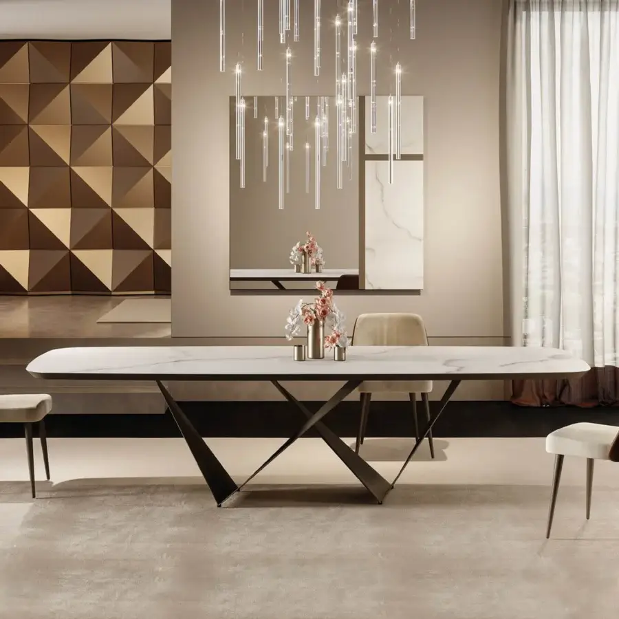 Exceptional Reflex Prisma Steel table with bronze wood top and intersecting satin dark brass metal supports