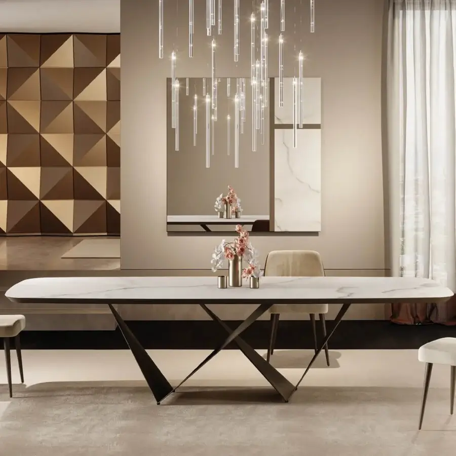 Elegant Reflex Prisma Steel table with bronze wood and Marmoreflex cover, built with intersecting dark matte metal elements