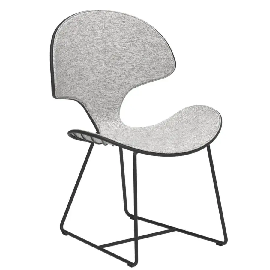 Distinguished Royal Botania Ostrea chair with sculpted form and light gray textured fabric upholstery in matte anthracite coated stainless steel
