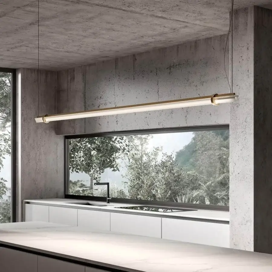 Elegant VENICEM Optical Suspension lamp with burnished brass structure and smoke grey glass trihedron diffuser