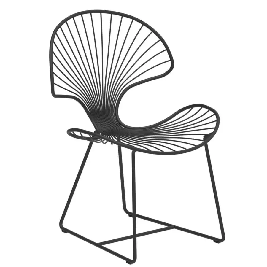 Elegant Royal Botania Ostrea chair in anthracite coated stainless steel with angled legs and fan-like back for outdoor dining