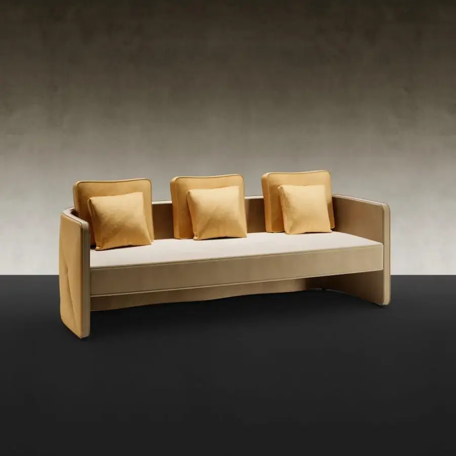 Exceptional Reflex Aura sofa with light beige textile upholstery and mustard-yellow cushions, crafted with diamond convex details and double piping