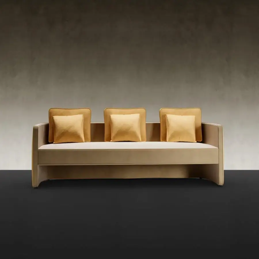 Distinguished Reflex Aura sofa with tan textile upholstery, diamond details and crossed stitching for refined comfort