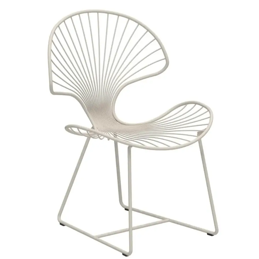 Luxury Royal Botania Ostrea chair crafted in light, neutral coated stainless steel with a fan-like backrest and curved seat for outdoor dining