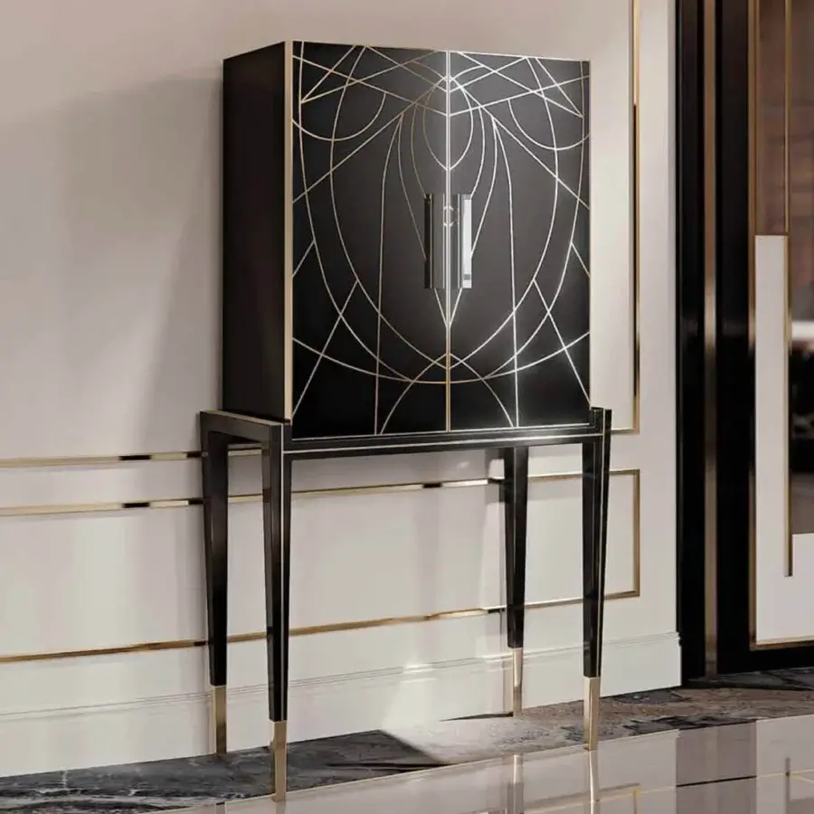 Distinguished Reflex Belle Epoque bar cabinet with shiny lacquered wood, engraved gold geometric patterns and a mirrored back