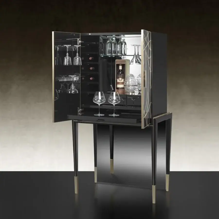 Exclusive Reflex Belle Epoque bar cabinet with shiny lacquered wood, gold engravings in lacquered glass, and gilded metal accents