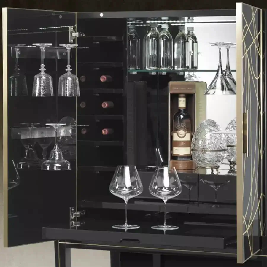 Lavish Reflex Belle Epoque bar cabinet with shiny lacquered wood, gold engravings, mirrored glass, and gilded metal accents crafted in Italy