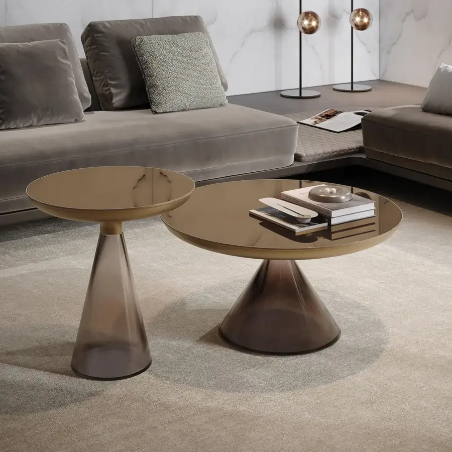 Superior Reflex Accademia side table with bronze mirror glass top and amber-toned blown Murano glass conical base