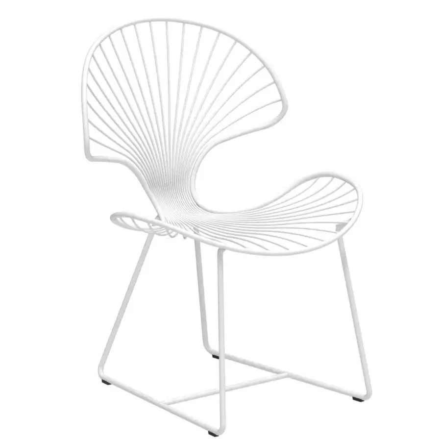 Luxury Royal Botania Ostrea chair with a white-finished metal frame and shell-like backrest for outdoor spaces, showcasing a modern, curved design