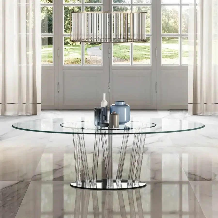 Distinguished Reflex Bamboo table with transparent glass top and black Murano glass filigree base built with smoked mirror glass