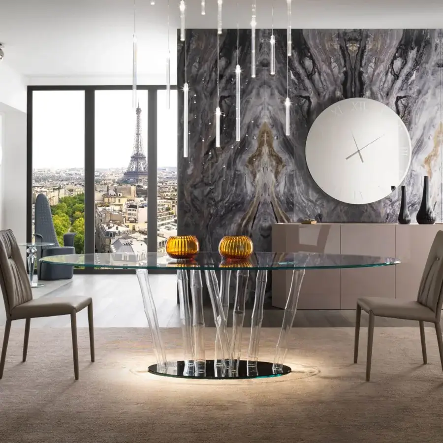 Exceptional Reflex Bamboo table with clear glass top and black Murano glass filigreed tubes built with smoked mirror glass and integrated lighting