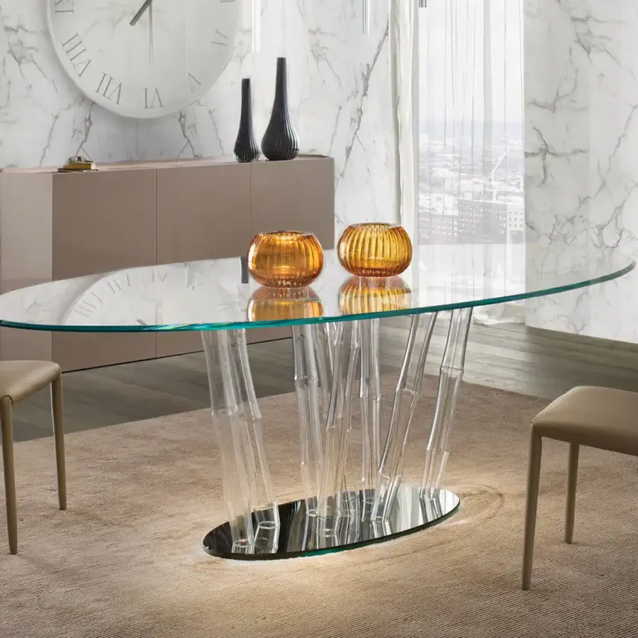 Superior Reflex Bamboo table with transparent extra clear glass top and black Murano glass filigreed tubes built with smoked mirror glass