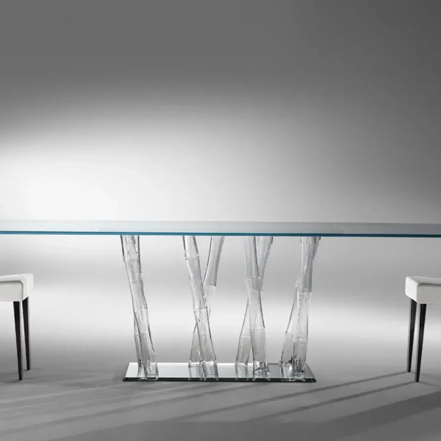 Lavish Reflex Bamboo table with transparent extra clear glass top and black Murano glass filigreed tubes built on smoked mirror glass