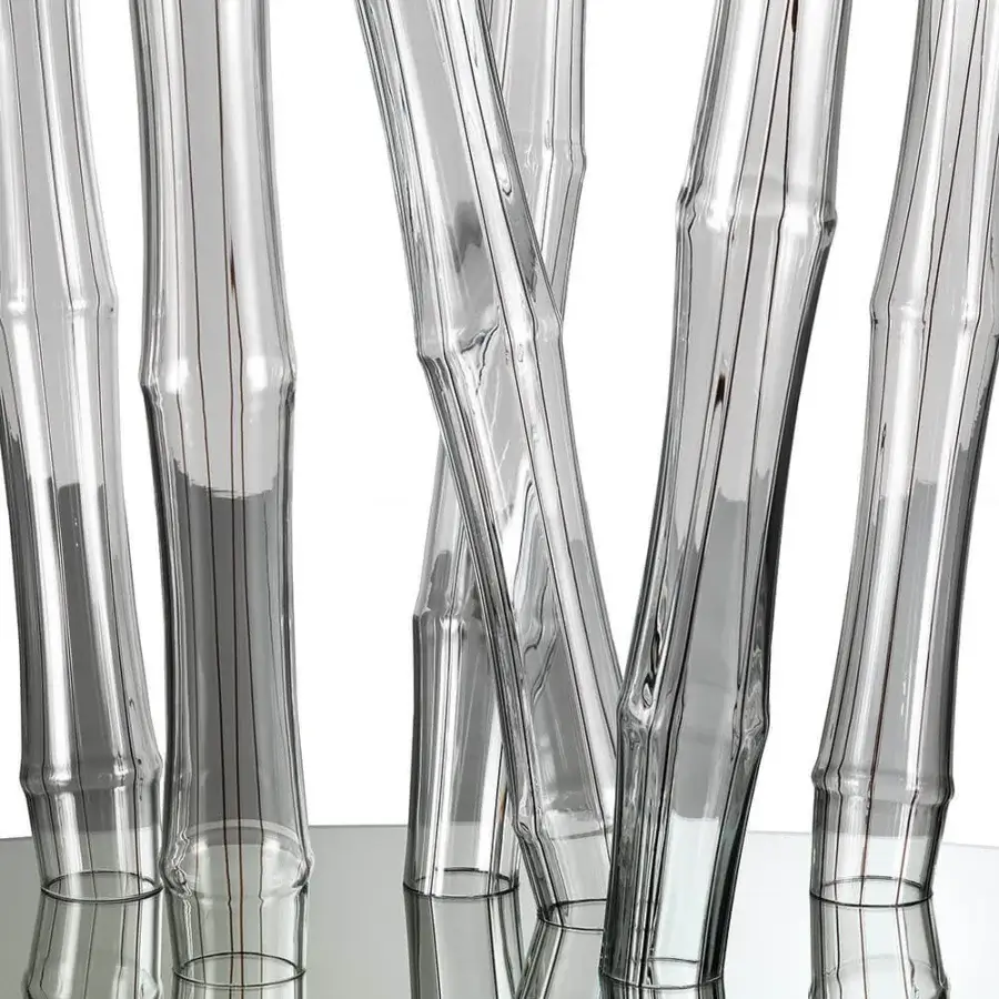 Lavish Reflex Bamboo table with black filigreed Murano glass tubes, extra clear glass, and smoked mirror base plate