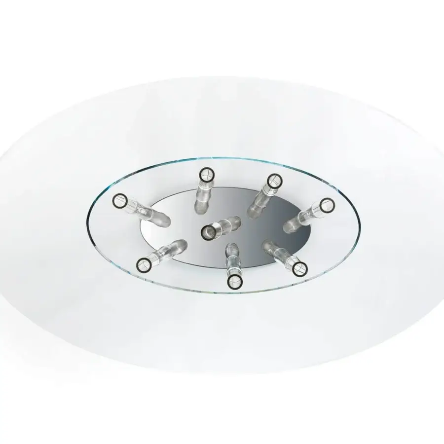 Distinguished Reflex Bamboo table with elliptical white tabletop, black Murano glass filigreed tubes and smoked mirror glass base plate